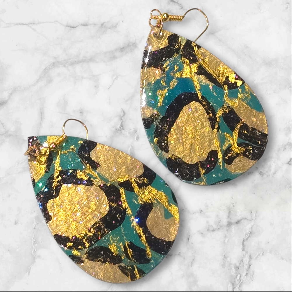 Hand Crafted Earrings Gold Turqoise Teardrop Leopard Print - E007 - Picture 3 of 3